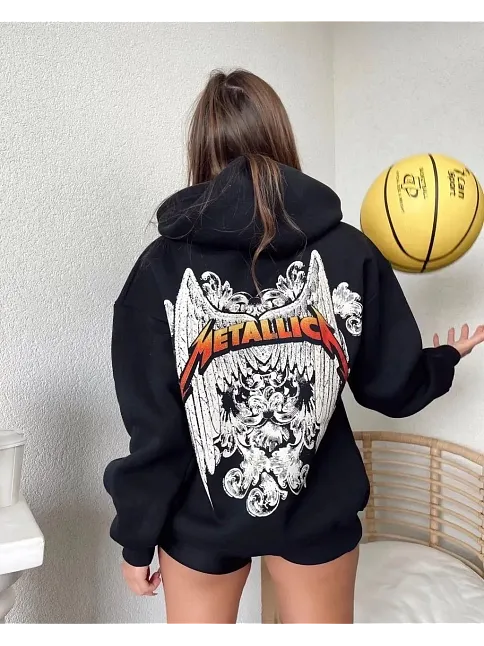 Kadın 2 İplik Metallıca Baskılı Kapüşonlu Hoodie Sweatshirt - Siyah