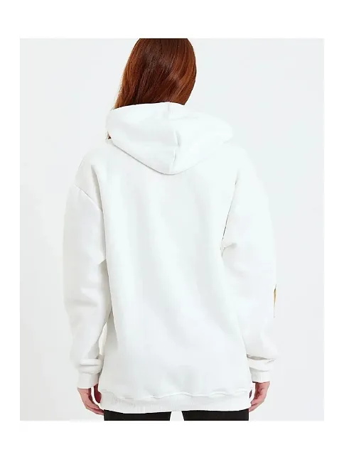 Kadın Oversize Kapüşonlu Cepli Ön Kol Baskılı 3 İplik Pamuklu Hoodie Sweatshirt - Beyaz