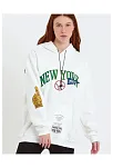 Kadın Oversize Kapüşonlu Cepli Ön Kol Baskılı 3 İplik Pamuklu Hoodie Sweatshirt - Beyaz