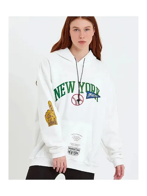 Kadın Oversize Kapüşonlu Cepli Ön Kol Baskılı 3 İplik Pamuklu Hoodie Sweatshirt - Beyaz