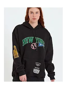 Kadın Oversize Kapüşonlu Cepli Ön Kol Baskılı 3 İplik Pamuklu Hoodie Sweatshirt - Siyah