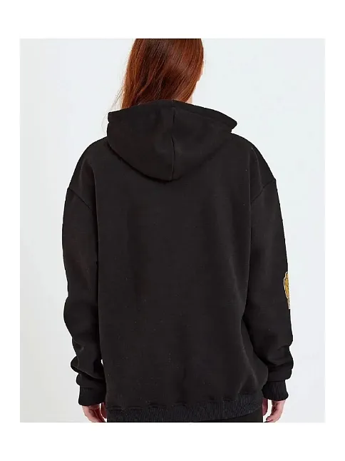 Kadın Oversize Kapüşonlu Cepli Ön Kol Baskılı 3 İplik Pamuklu Hoodie Sweatshirt - Siyah