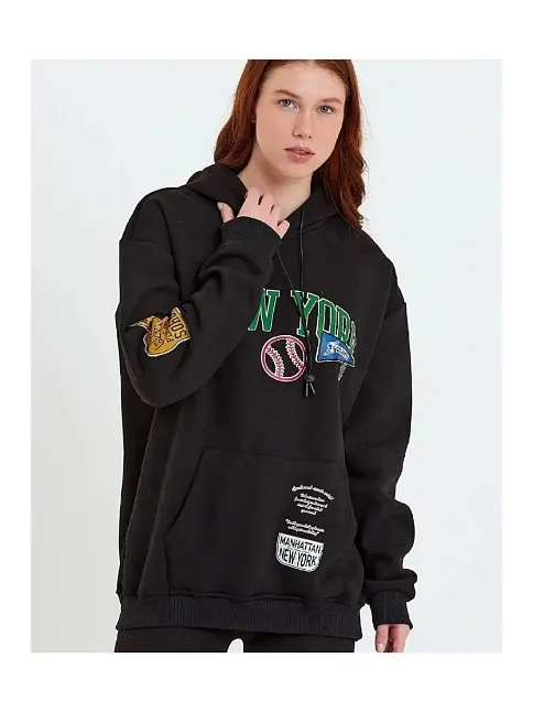 Kadın Oversize Kapüşonlu Cepli Ön Kol Baskılı 3 İplik Pamuklu Hoodie Sweatshirt - Siyah