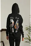 Kadın Oversize Kapüşonlu Cepli Baskılı 3 İplik Pamuklu Hoodie Sweatshirt - Siyah