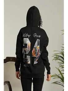 Kadın Oversize Kapüşonlu Cepli Baskılı 3 İplik Pamuklu Hoodie Sweatshirt - Siyah