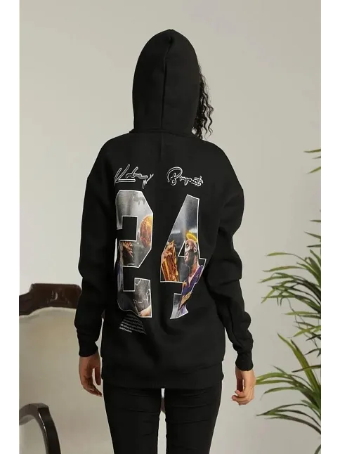 Kadın Oversize Kapüşonlu Cepli Baskılı 3 İplik Pamuklu Hoodie Sweatshirt - Siyah