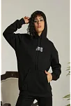 Kadın Oversize Kapüşonlu Cepli Baskılı 3 İplik Pamuklu Hoodie Sweatshirt - Siyah