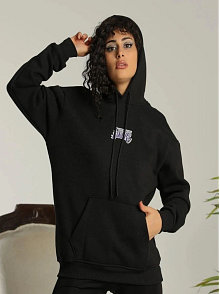 Kadın Oversize Kapüşonlu Cepli Baskılı 3 İplik Pamuklu Hoodie Sweatshirt - Siyah