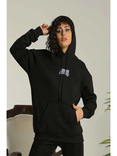 Kadın Oversize Kapüşonlu Cepli Baskılı 3 İplik Pamuklu Hoodie Sweatshirt - Siyah