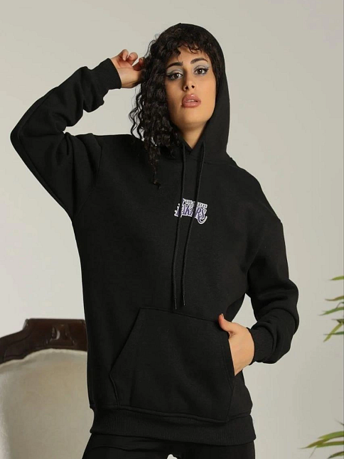 Kadın Oversize Kapüşonlu Cepli Baskılı 3 İplik Pamuklu Hoodie Sweatshirt - Siyah