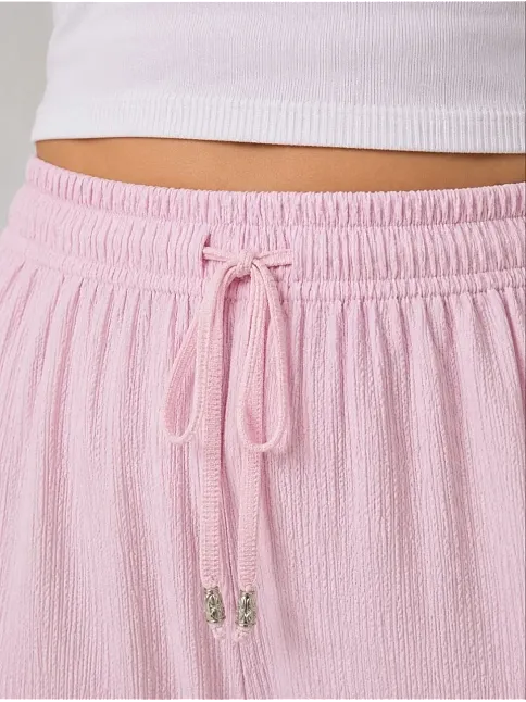 Kadın Battal Beden Bürümcük Kumaş Beli Lastikli Bağcıklı Bol Paça Palazzo Pantolon - Pembe