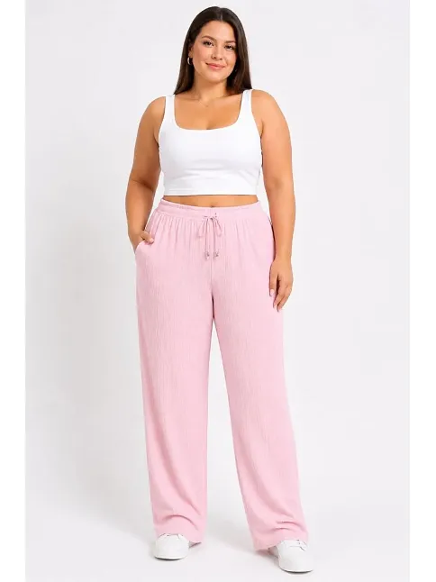 Kadın Battal Beden Bürümcük Kumaş Beli Lastikli Bağcıklı Bol Paça Palazzo Pantolon - Pembe