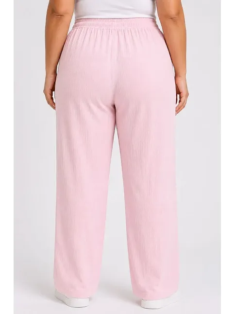 Kadın Battal Beden Bürümcük Kumaş Beli Lastikli Bağcıklı Bol Paça Palazzo Pantolon - Pembe