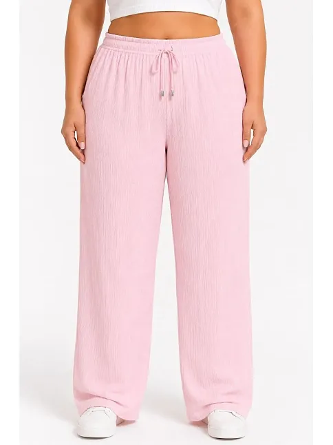 Kadın Battal Beden Bürümcük Kumaş Beli Lastikli Bağcıklı Bol Paça Palazzo Pantolon - Pembe