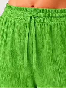 Kadın Battal Beden Bürümcük Kumaş Beli Lastikli Bağcıklı Bol Paça Palazzo Pantolon - Yeşil