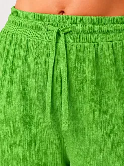 Kadın Battal Beden Bürümcük Kumaş Beli Lastikli Bağcıklı Bol Paça Palazzo Pantolon - Yeşil