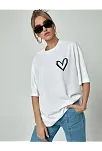 Kadın Tişört Bisiklet Yaka Baskılı Oversize T-shirt - Beyaz