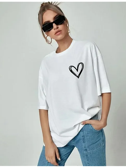 Kadın Tişört Bisiklet Yaka Baskılı Oversize T-shirt - Beyaz