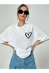 Kadın Tişört Bisiklet Yaka Baskılı Oversize T-shirt - Beyaz