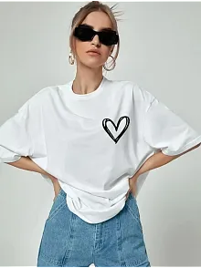 Kadın Tişört Bisiklet Yaka Baskılı Oversize T-shirt - Beyaz