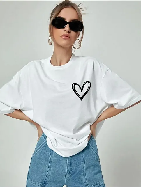 Kadın Tişört Bisiklet Yaka Baskılı Oversize T-shirt - Beyaz