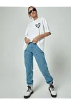 Kadın Tişört Bisiklet Yaka Baskılı Oversize T-shirt - Beyaz