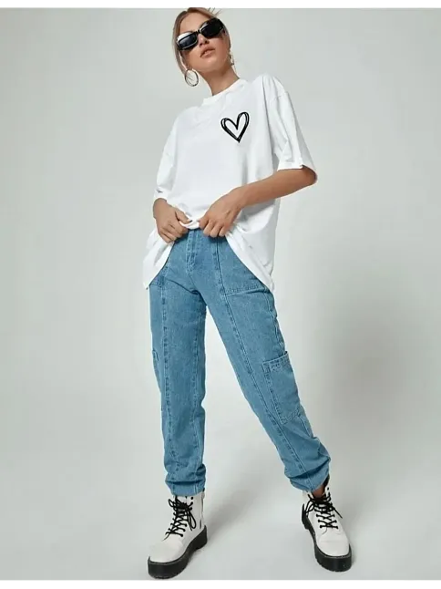Kadın Tişört Bisiklet Yaka Baskılı Oversize T-shirt - Beyaz