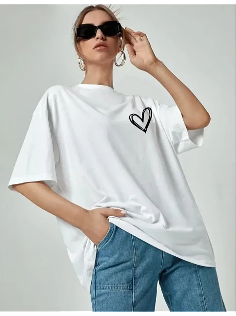 Kadın Tişört Bisiklet Yaka Baskılı Oversize T-shirt - Beyaz