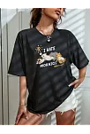 Kadın Tişört Bisiklet Yaka Baskılı Oversize T-shirt - Siyah