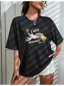 Kadın Tişört Bisiklet Yaka Baskılı Oversize T-shirt - Siyah