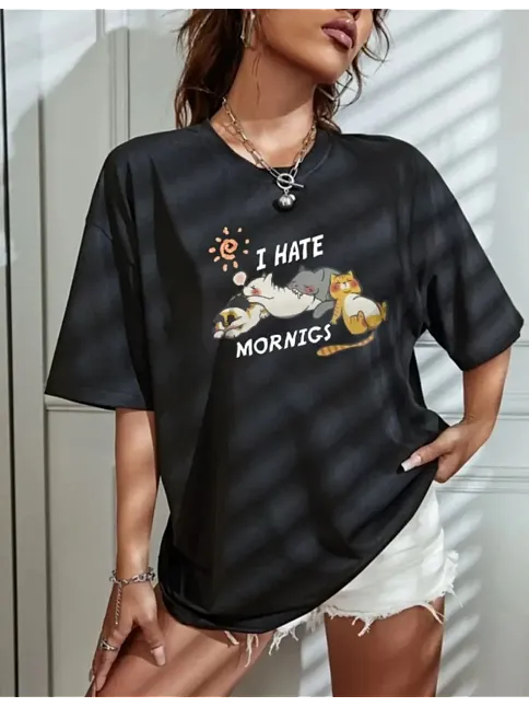 Kadın Tişört Bisiklet Yaka Baskılı Oversize T-shirt - Siyah