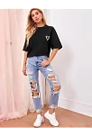 Kadın Tişört Bisiklet Yaka Baskılı Oversize T-shirt - Siyah