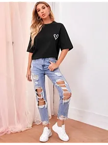 Kadın Tişört Bisiklet Yaka Baskılı Oversize T-shirt - Siyah