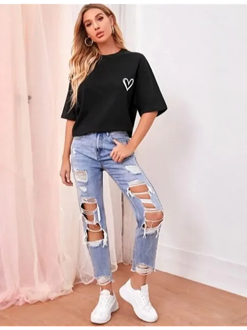 Kadın Tişört Bisiklet Yaka Baskılı Oversize T-shirt - Siyah
