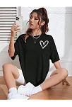 Kadın Tişört Bisiklet Yaka Baskılı Oversize T-shirt - Siyah