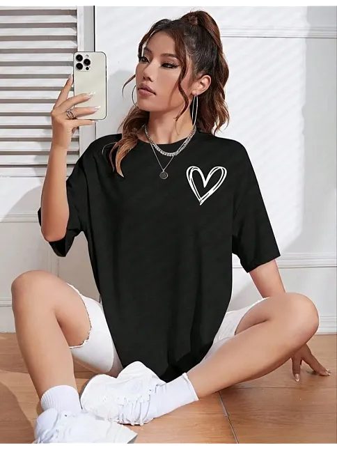 Kadın Tişört Bisiklet Yaka Baskılı Oversize T-shirt - Siyah