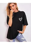 Kadın Tişört Bisiklet Yaka Baskılı Oversize T-shirt - Siyah