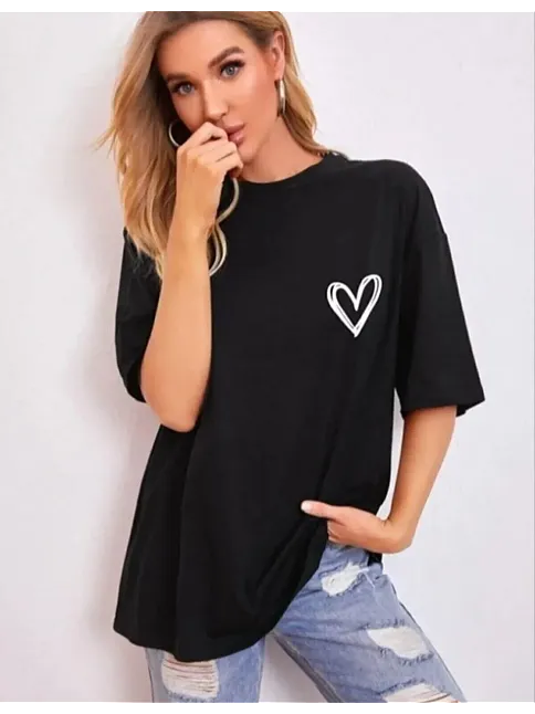 Kadın Tişört Bisiklet Yaka Baskılı Oversize T-shirt - Siyah