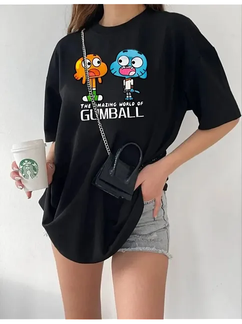 Kadın Kısa Kol Tişört Bisiklet Yaka Baskılı Oversize T-shirt - Siyah