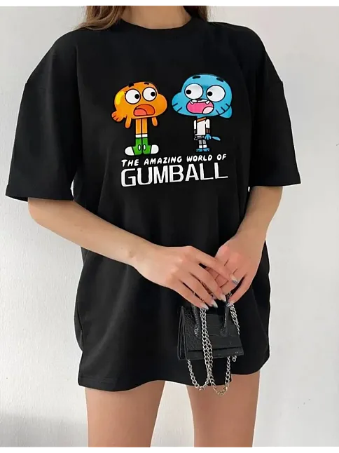 Kadın Kısa Kol Tişört Bisiklet Yaka Baskılı Oversize T-shirt - Siyah