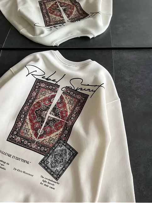 Kadın Bisiklet Yaka Kilim Halı Baskılı 3 İplik Pamuklu Sweatshirt - Beyaz