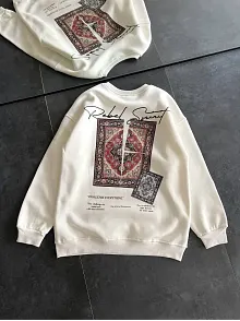 Kadın Bisiklet Yaka Kilim Halı Baskılı 3 İplik Pamuklu Sweatshirt - Beyaz