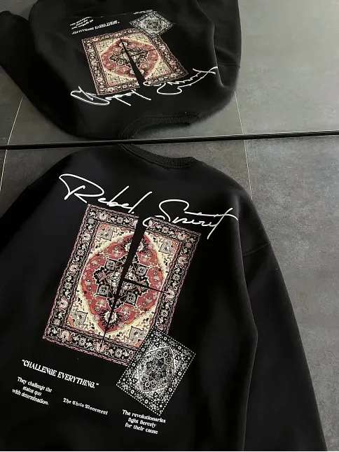 Kadın Bisiklet Yaka Kilim Halı Baskılı 3 İplik Pamuklu Sweatshirt - Siyah