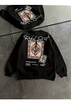 Kadın Bisiklet Yaka Kilim Halı Baskılı 3 İplik Pamuklu Sweatshirt - Siyah
