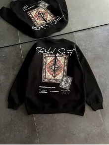 Kadın Bisiklet Yaka Kilim Halı Baskılı 3 İplik Pamuklu Sweatshirt - Siyah