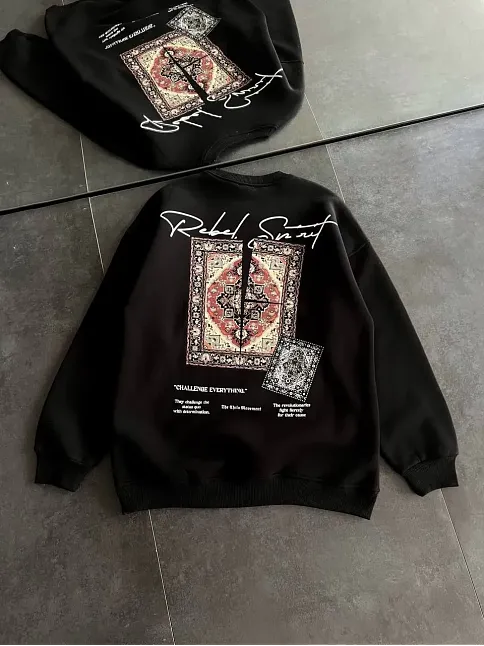 Kadın Bisiklet Yaka Kilim Halı Baskılı 3 İplik Pamuklu Sweatshirt - Siyah