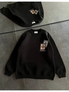 Kadın Bisiklet Yaka Kilim Halı Baskılı 3 İplik Pamuklu Sweatshirt - Siyah