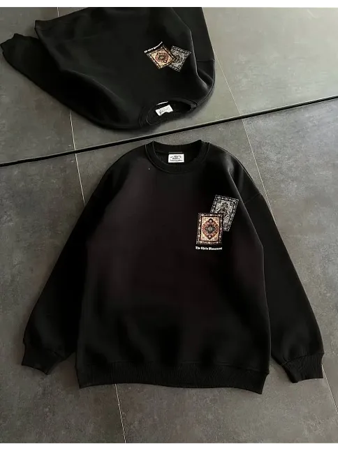 Kadın Bisiklet Yaka Kilim Halı Baskılı 3 İplik Pamuklu Sweatshirt - Siyah