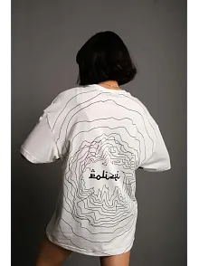 Kadın Bisiklet Yakalı Sırt Baskılı  Kısa Kol Oversize T-shirt - Beyaz