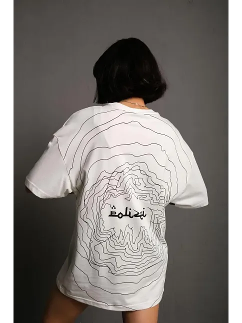 Kadın Bisiklet Yakalı Sırt Baskılı  Kısa Kol Oversize T-shirt - Beyaz